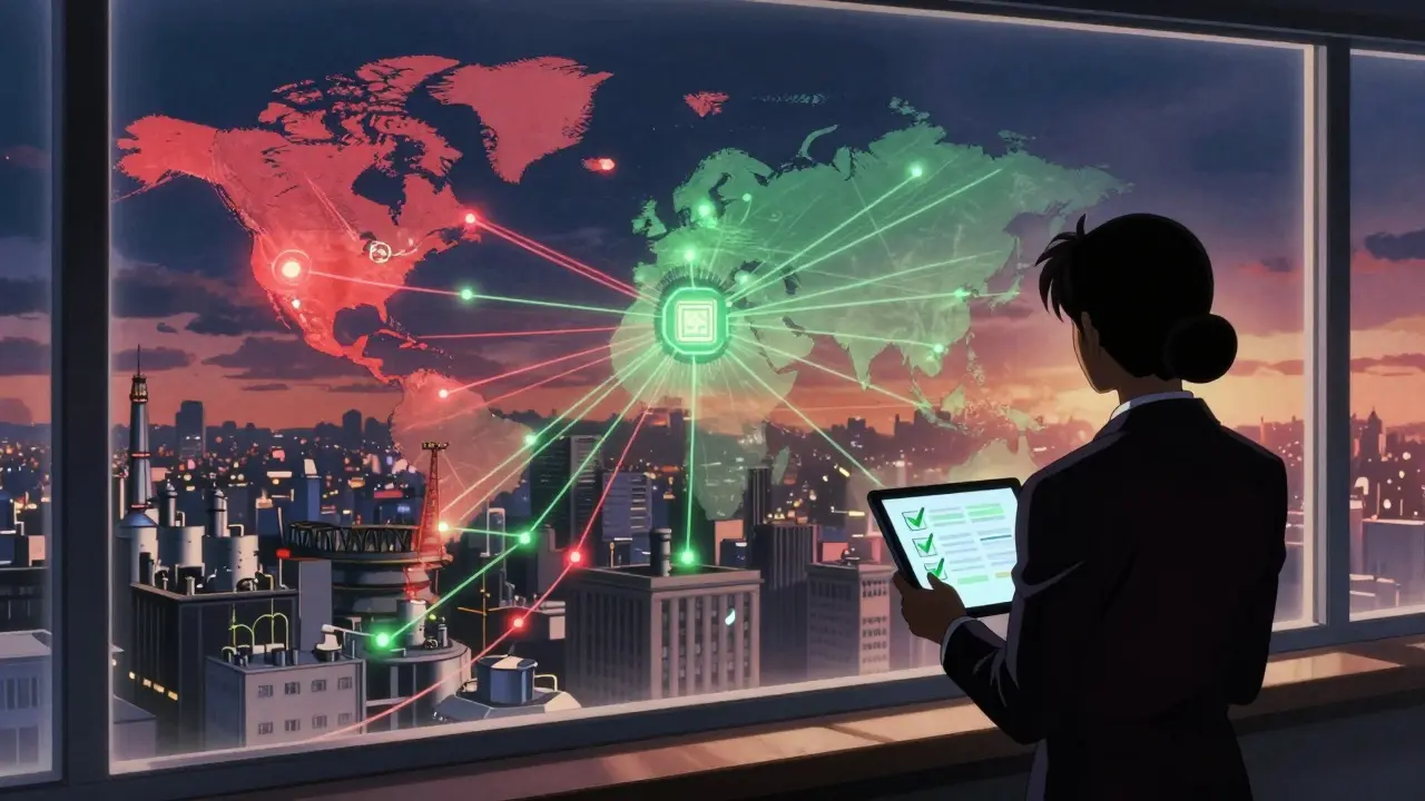 Global supply chain network visualization with compliance filters in vintage anime art