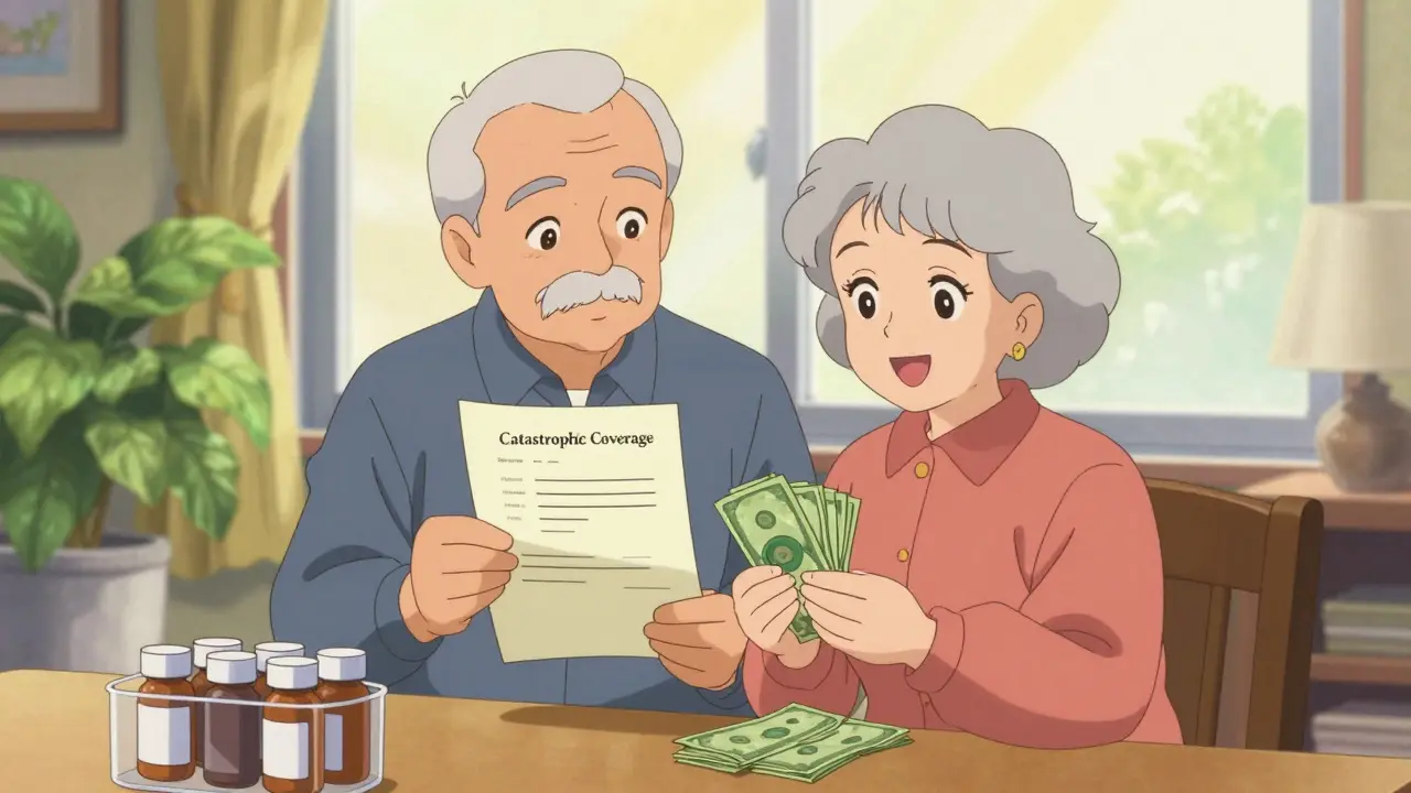 Happy elderly couple celebrating medication cost savings in a bright retro anime scene.