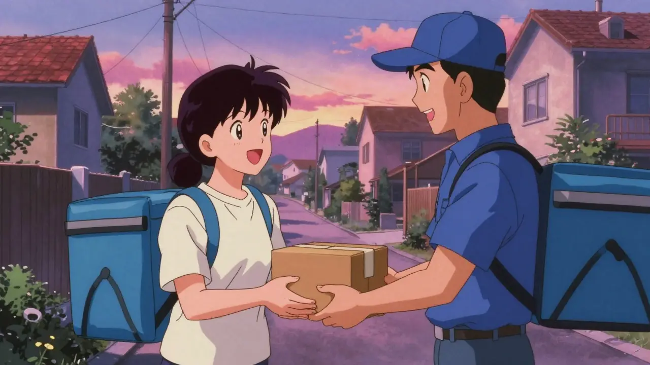 Happy person receiving medication delivery at home