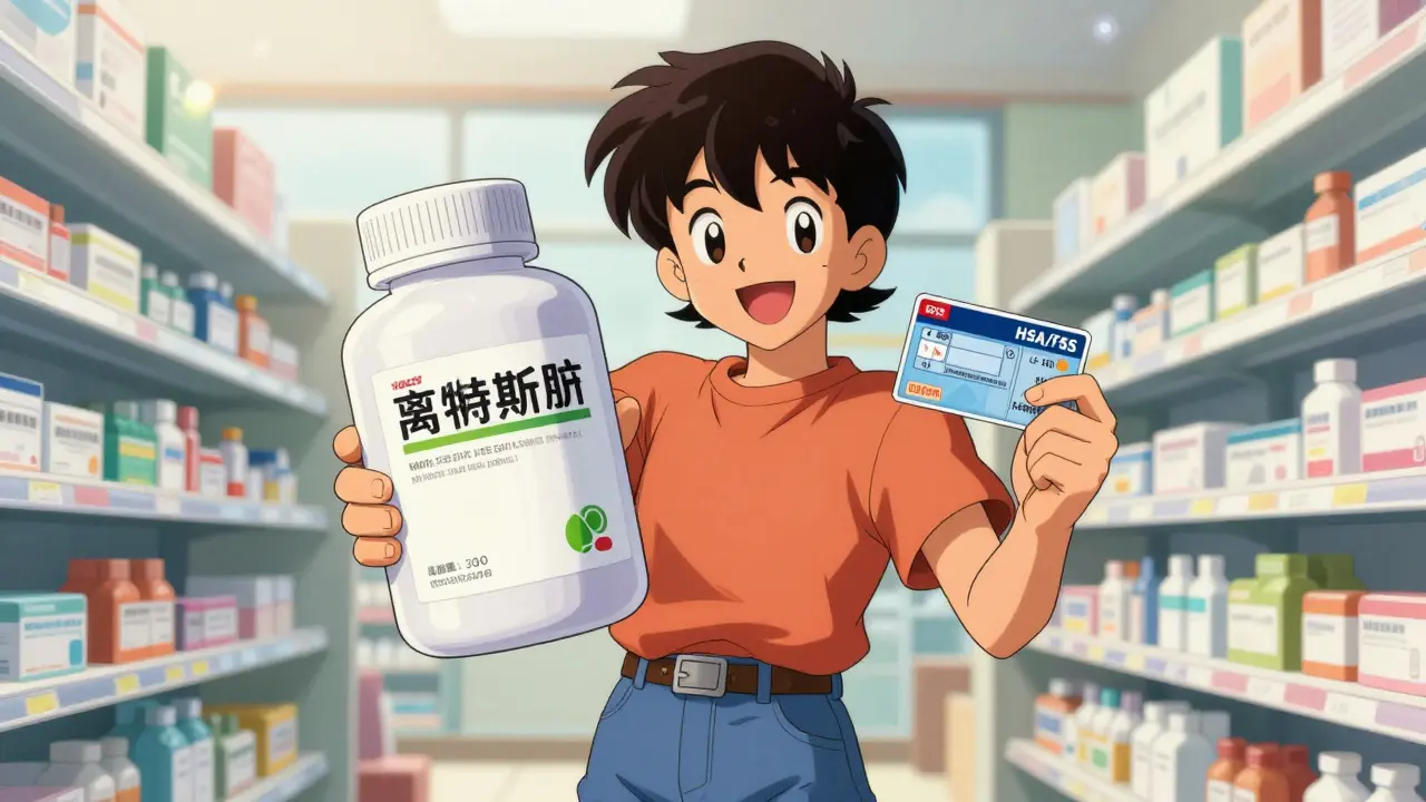 Happy shopper buying bulk generic meds with discount cards