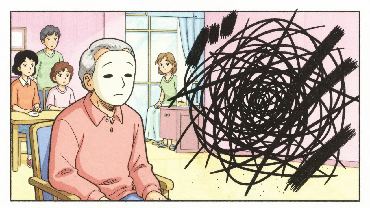 Manga style character with flat expression and chaotic background