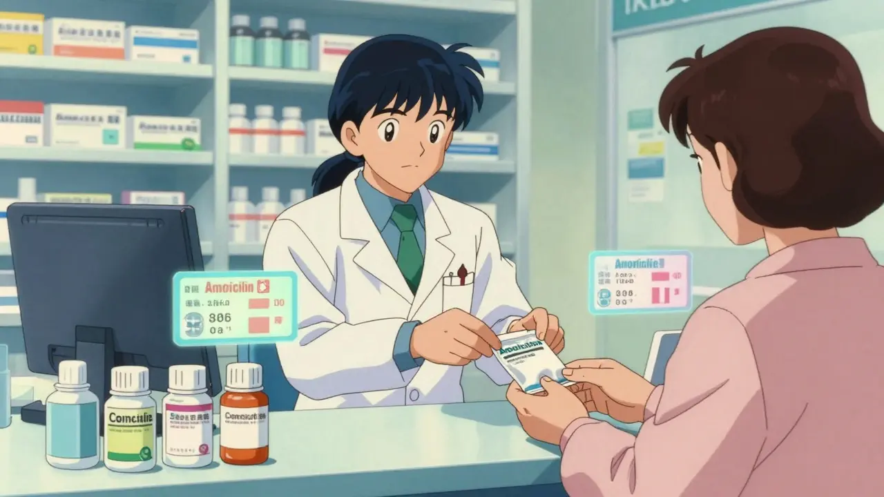 Pharmacist handing prescription bag with floating discount graphics