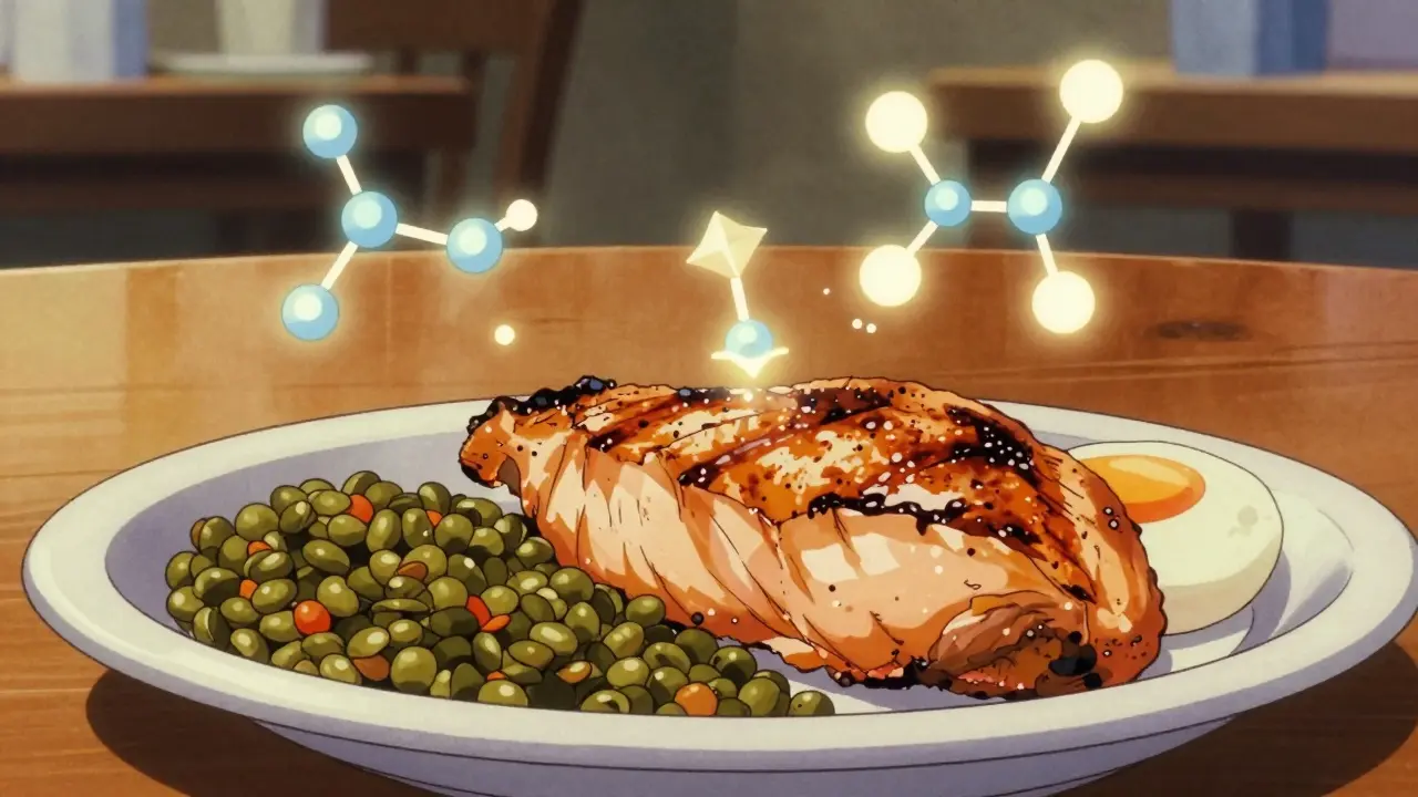 Plates of chicken, eggs, and lentils with glowing nutrient molecules