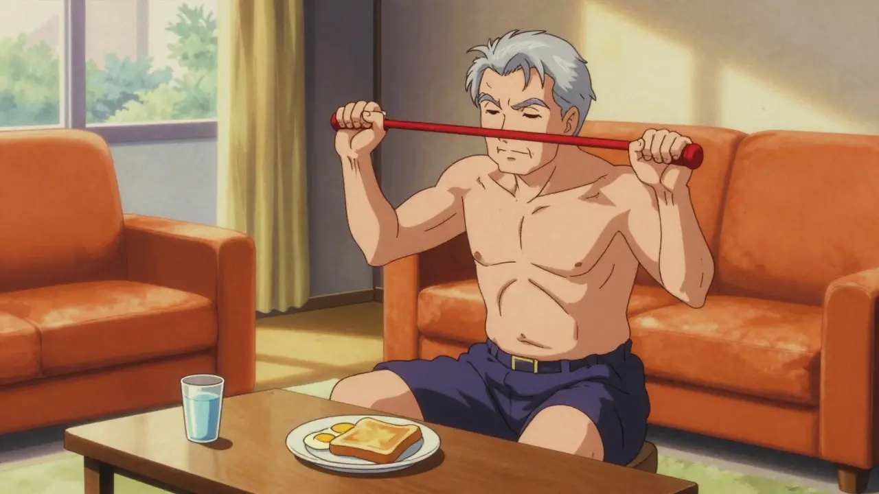 Senior man exercising with resistance bands near a healthy meal