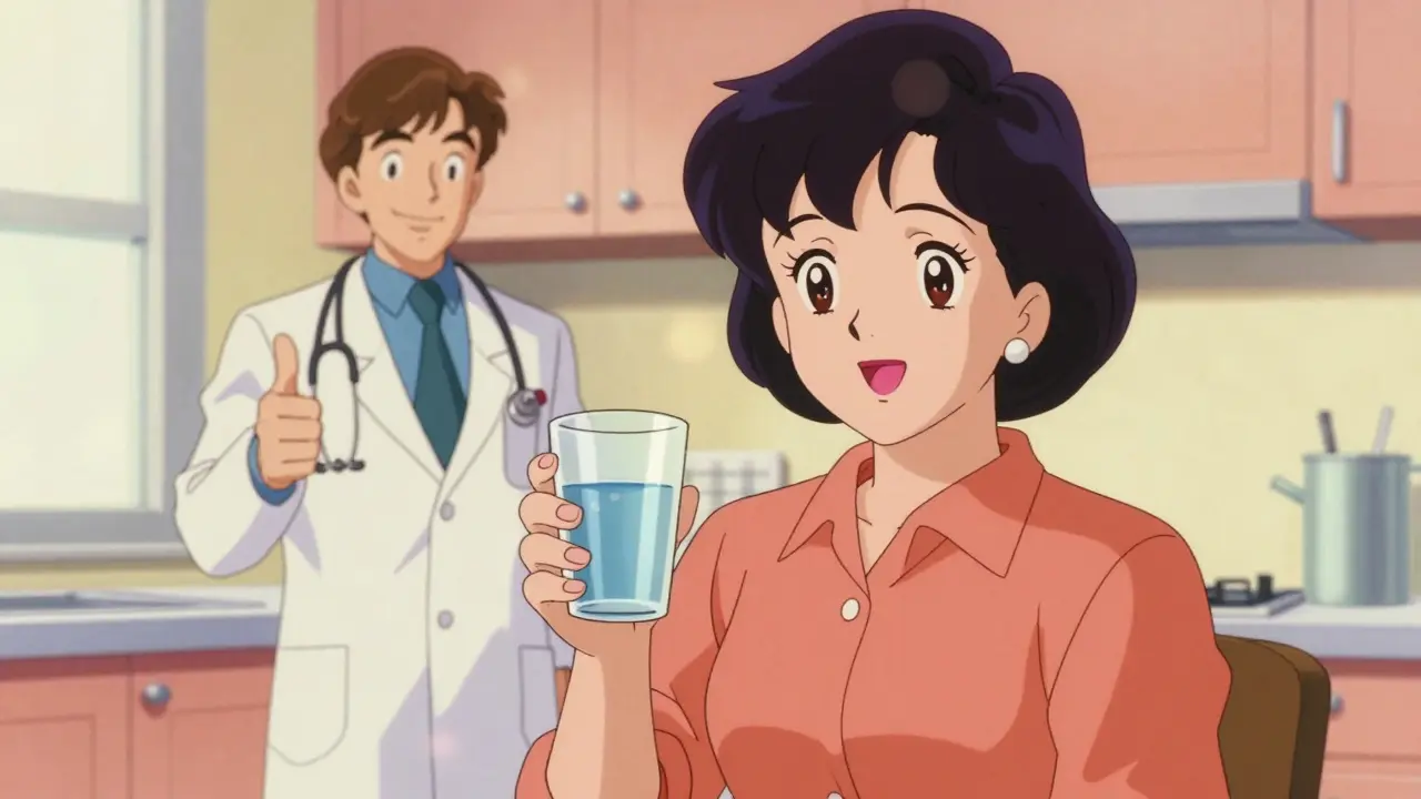 Smiling anime woman holding pills and water in a bright, sunny kitchen.