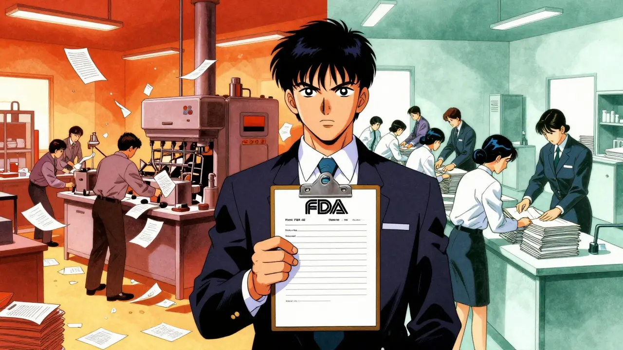Split screen showing messy vs prepared factory floors during inspection in manga style