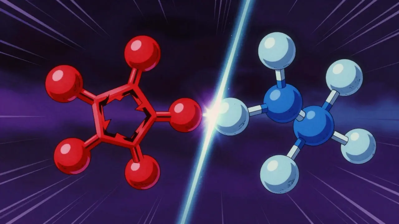Split screen showing red and blue molecules separated by a glowing barrier.