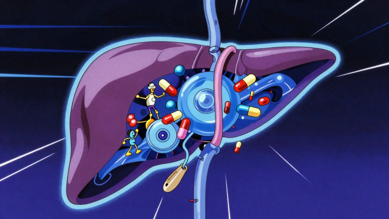 Abstract retro anime view of liver enzymes interacting with drugs