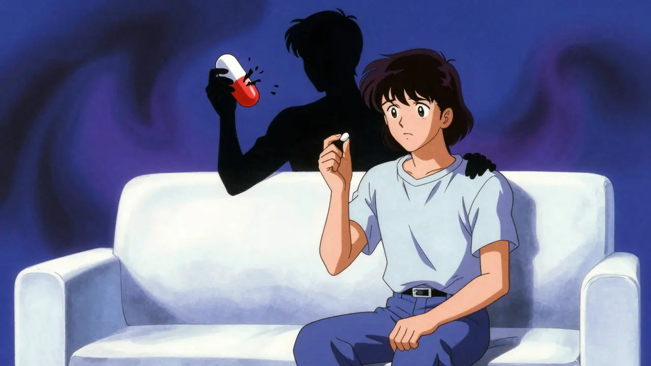 Anxious patient with shadowy figure representing nocebo effect, retro anime