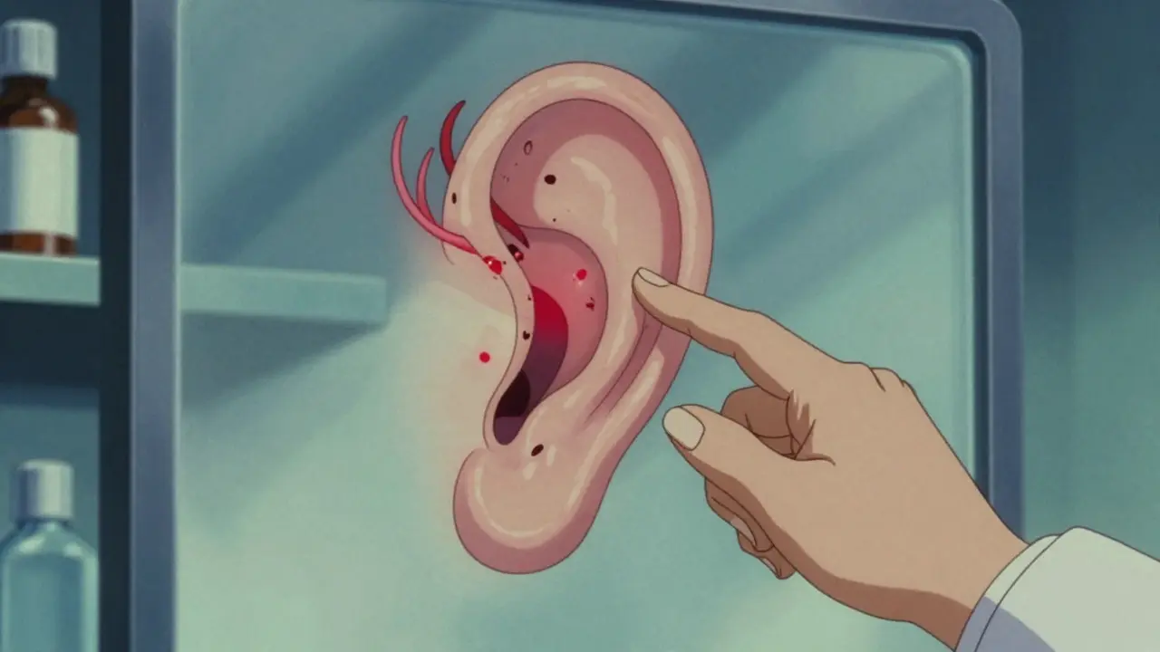 Doctor pointing at inner ear diagram showing damage