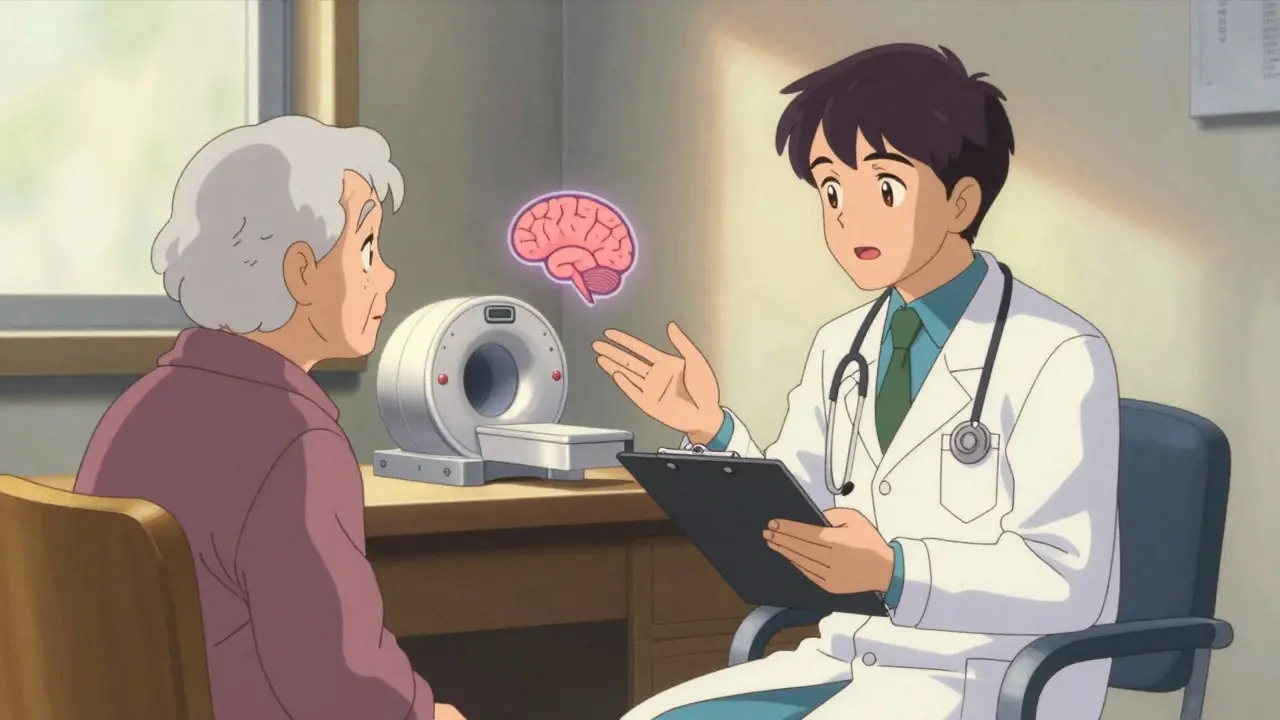 Doctor reassuring an elderly patient about MRI monitoring in a warm retro anime scene.