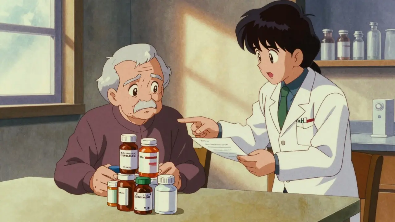 Elderly patient discussing medications with pharmacist in retro anime