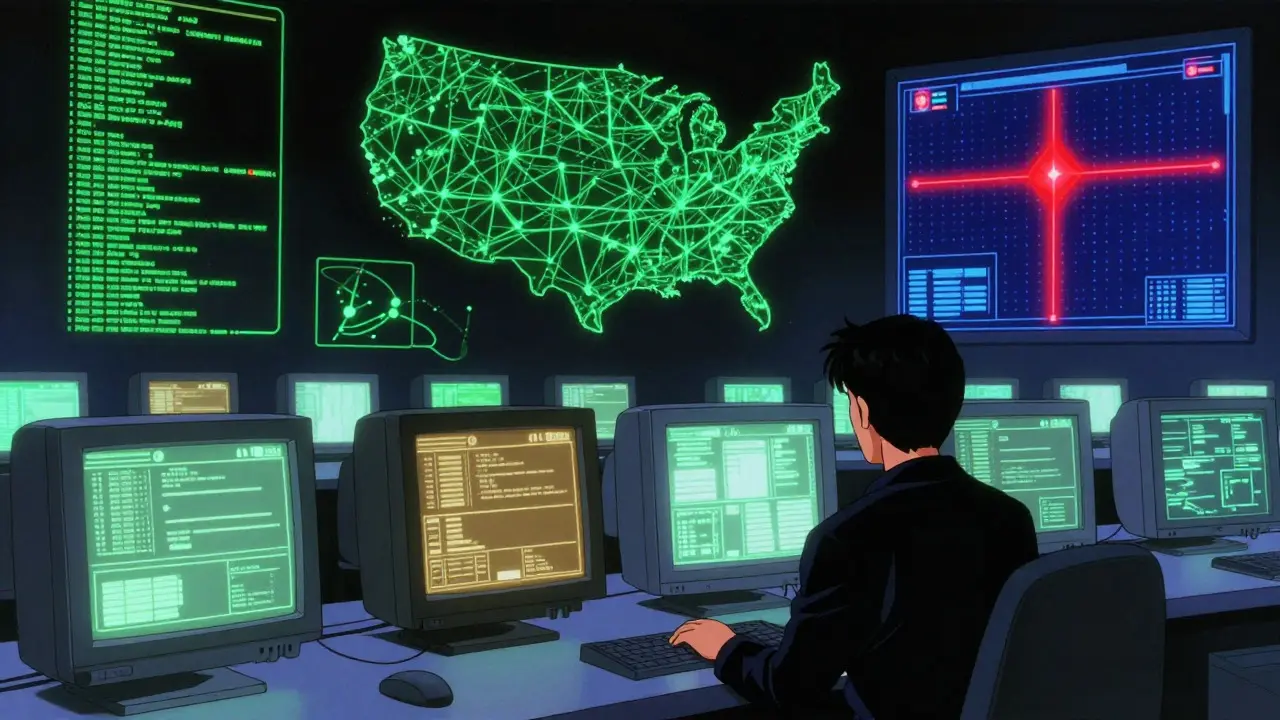 Futuristic data center monitoring drug safety signals with glowing screens in retro anime style.