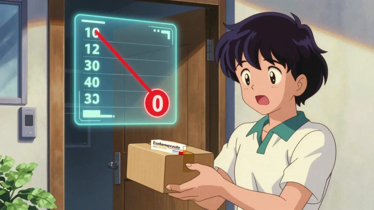 Happy anime character receiving medicine package with savings graphic