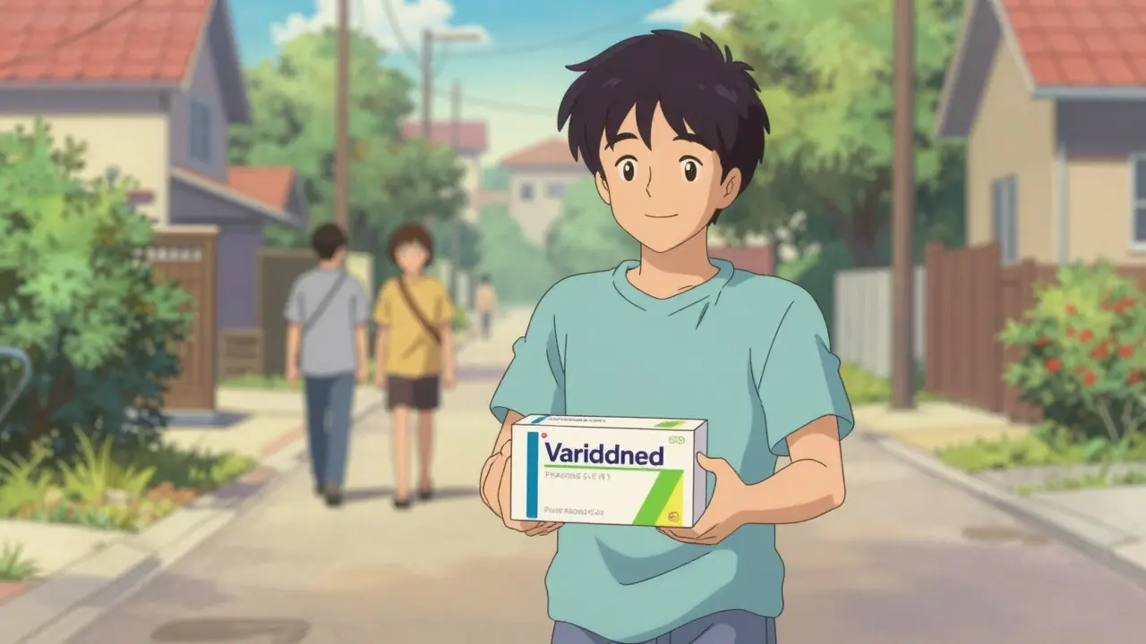 Happy anime character walking with a secure prescription package in sunlight
