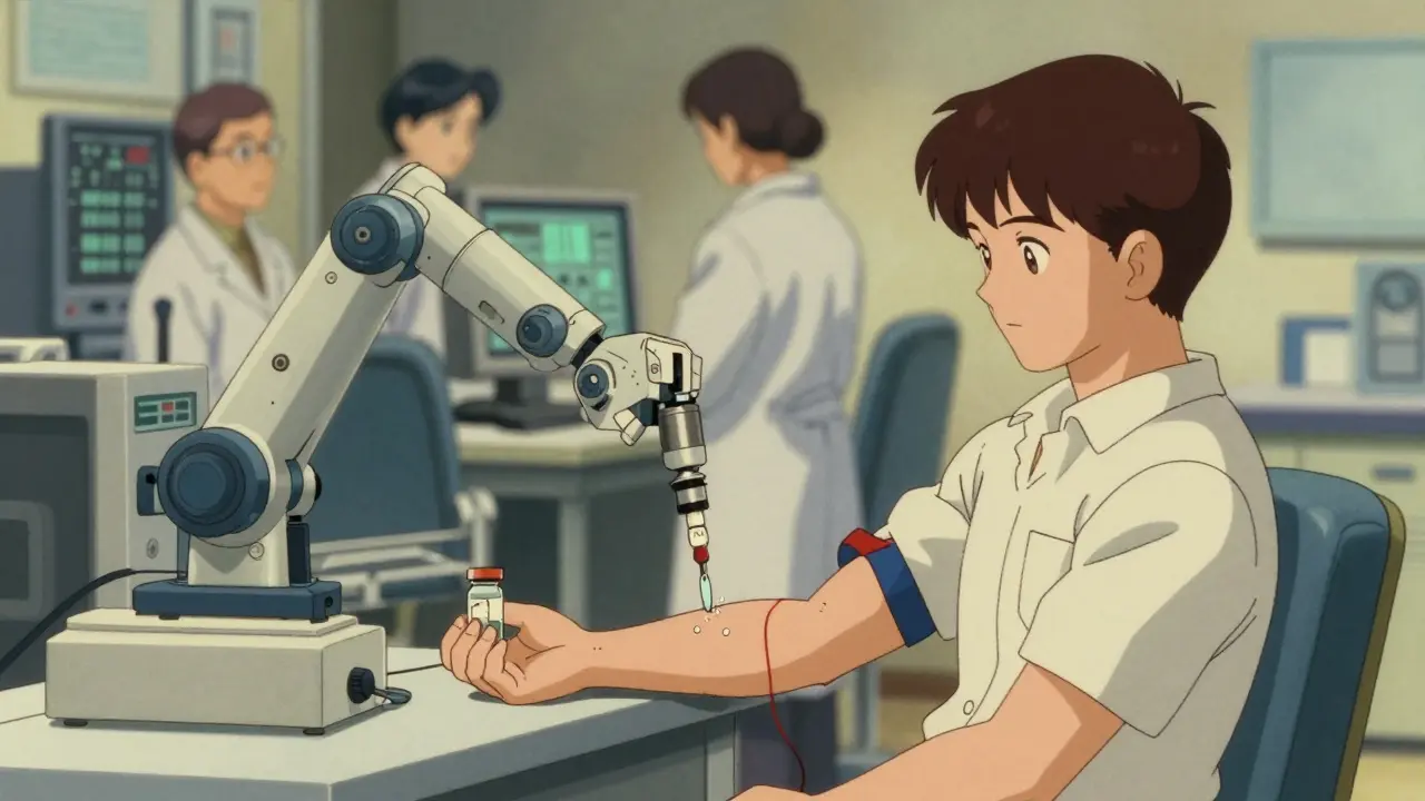 Lab scene with volunteer having blood drawn for bioequivalence testing in retro anime style