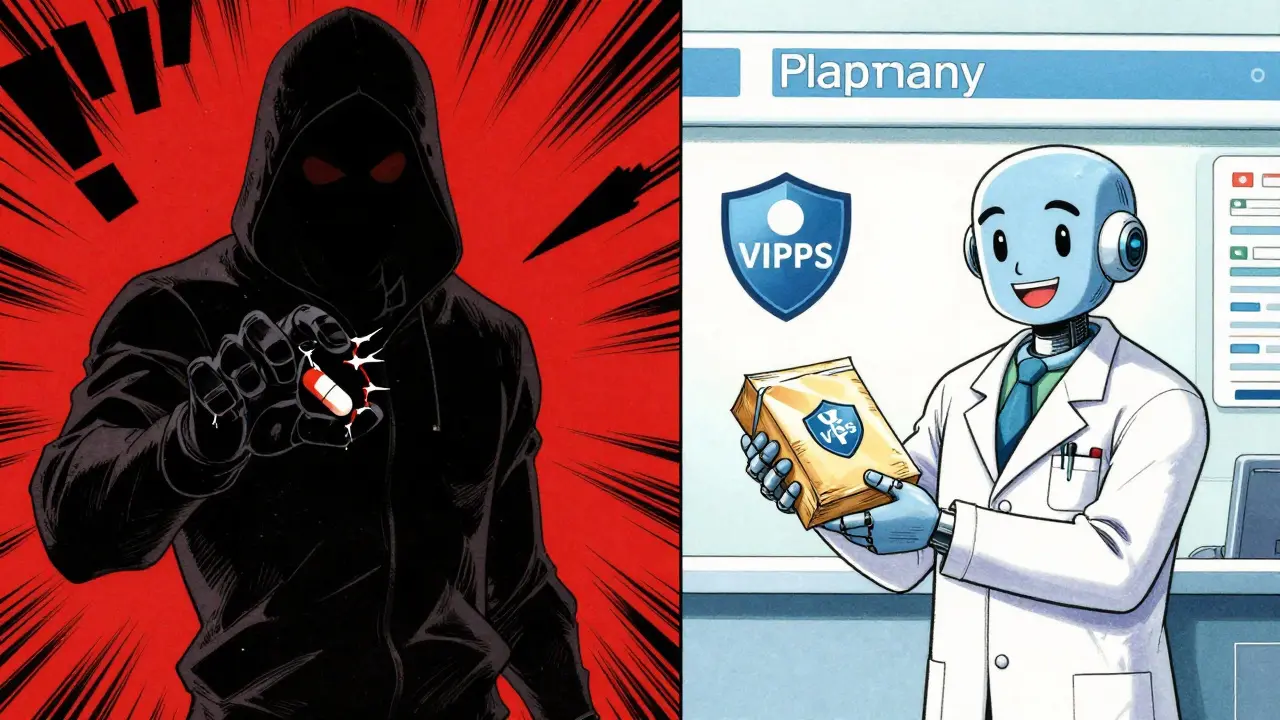 Manga style split screen comparing dangerous scams vs safe verified pharmacy
