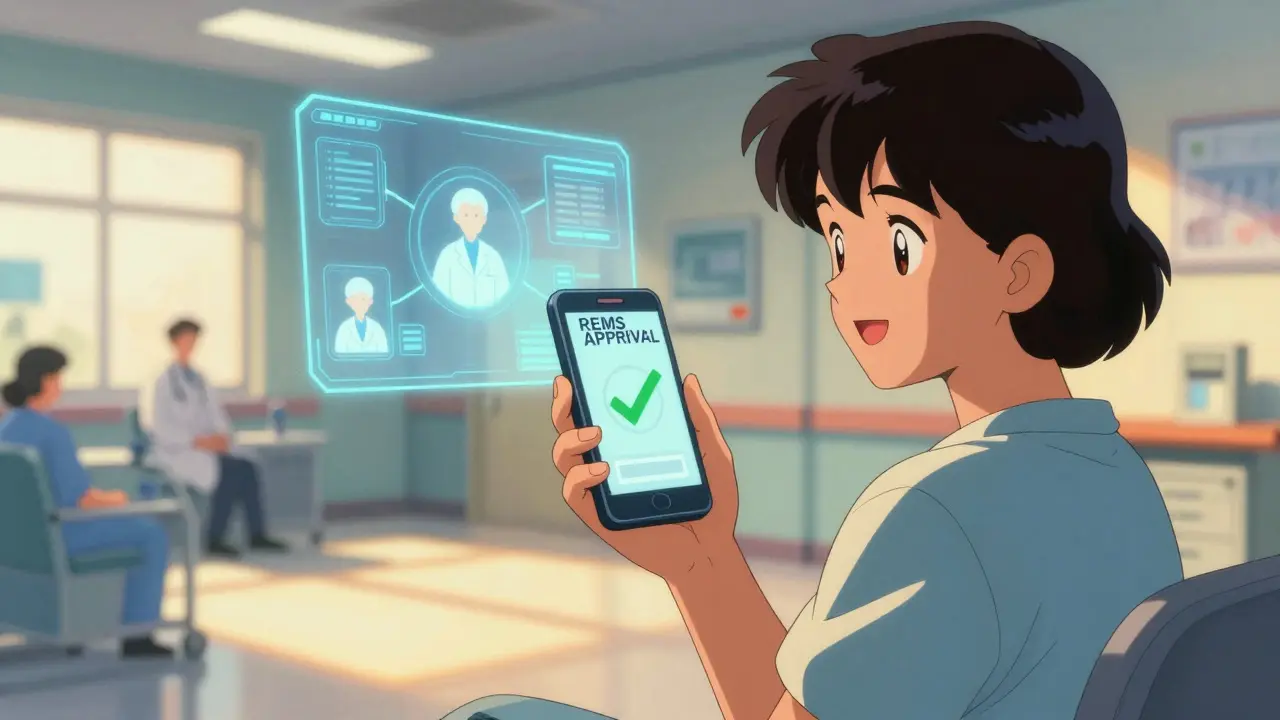 Patient using smartphone for streamlined drug approval in bright hospital
