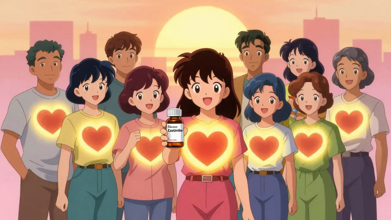 Patients smiling with pills, glowing hearts, sunrise background