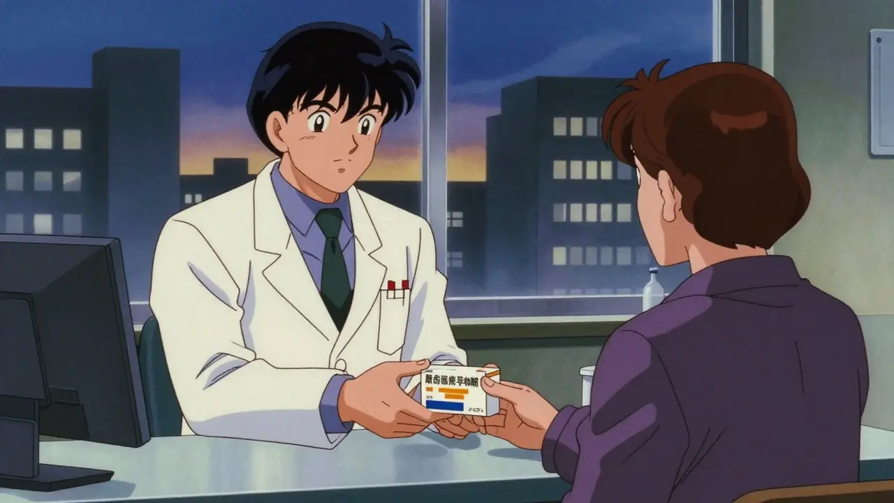 Pharmacist handing medication to a patient in vintage anime style