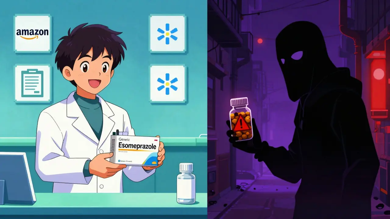 Retro anime split screen showing safe vs unsafe online pharmacies
