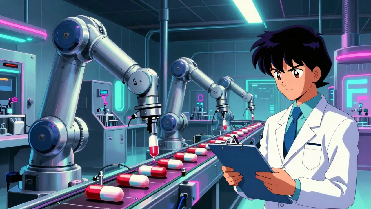 Robotic assembly line in a pharma factory under inspection.