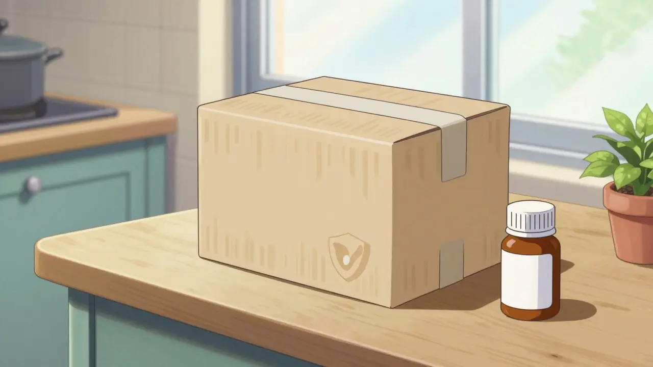 Safe mail-order medication package on kitchen table