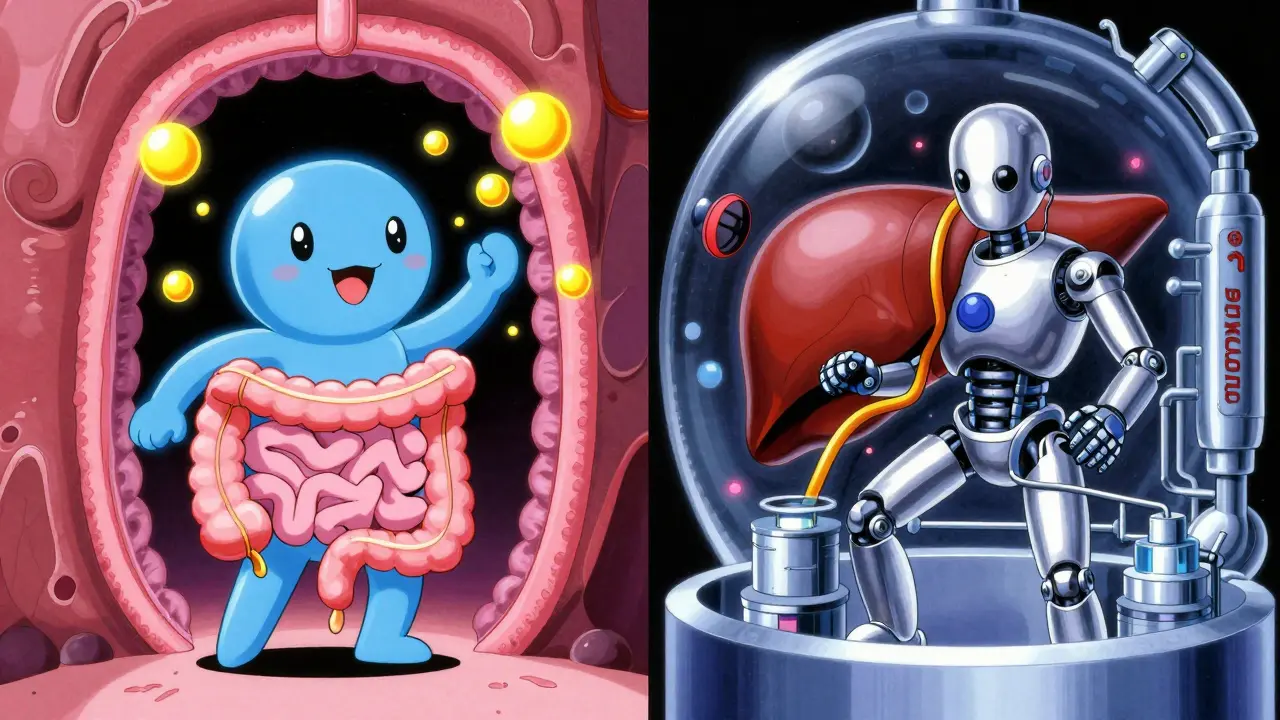 Split view: Guardian blocking cholesterol, robot stopping liver production