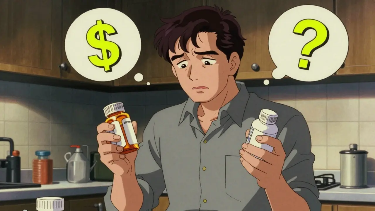 Stressed Gen X man weighing cost vs brand name pills, vintage anime art