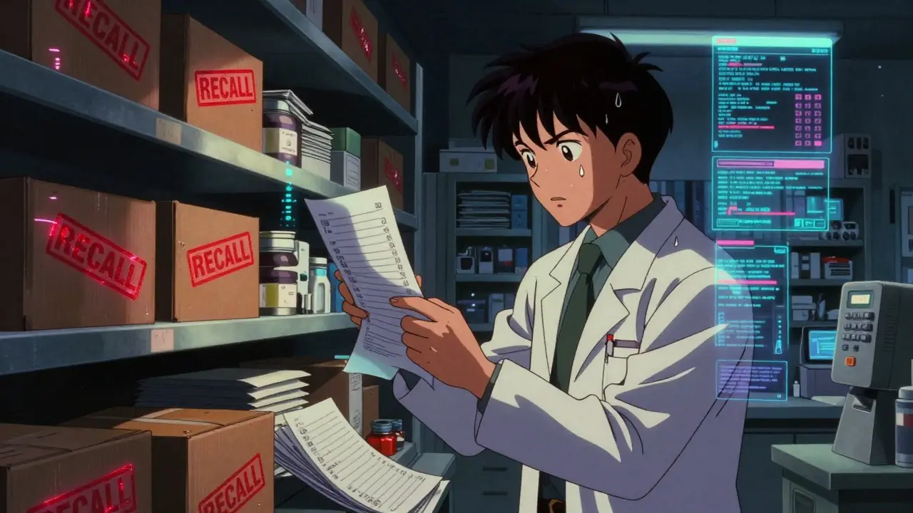Stressed pharmacist in chaotic pharmacy during drug recall