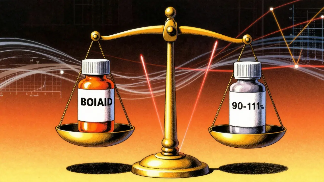 Stylized balance scale showing strict drug bioequivalence limits