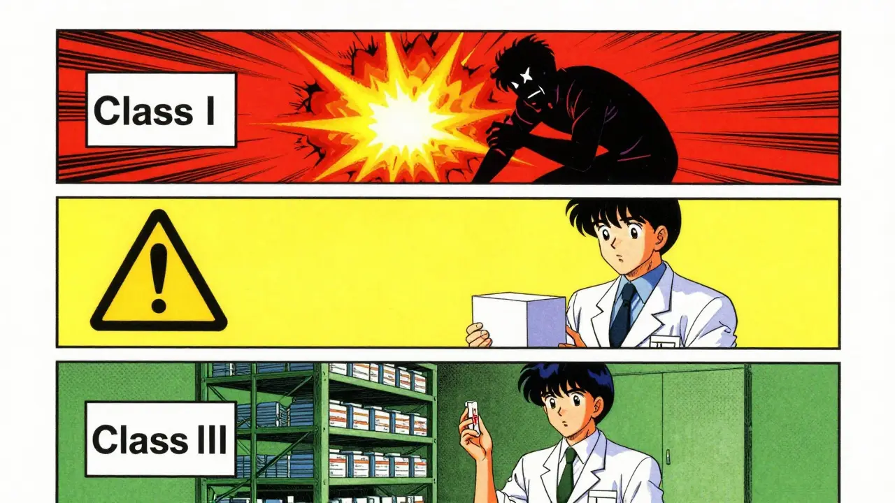 Three-panel manga showing Class I, II, and III drug recalls
