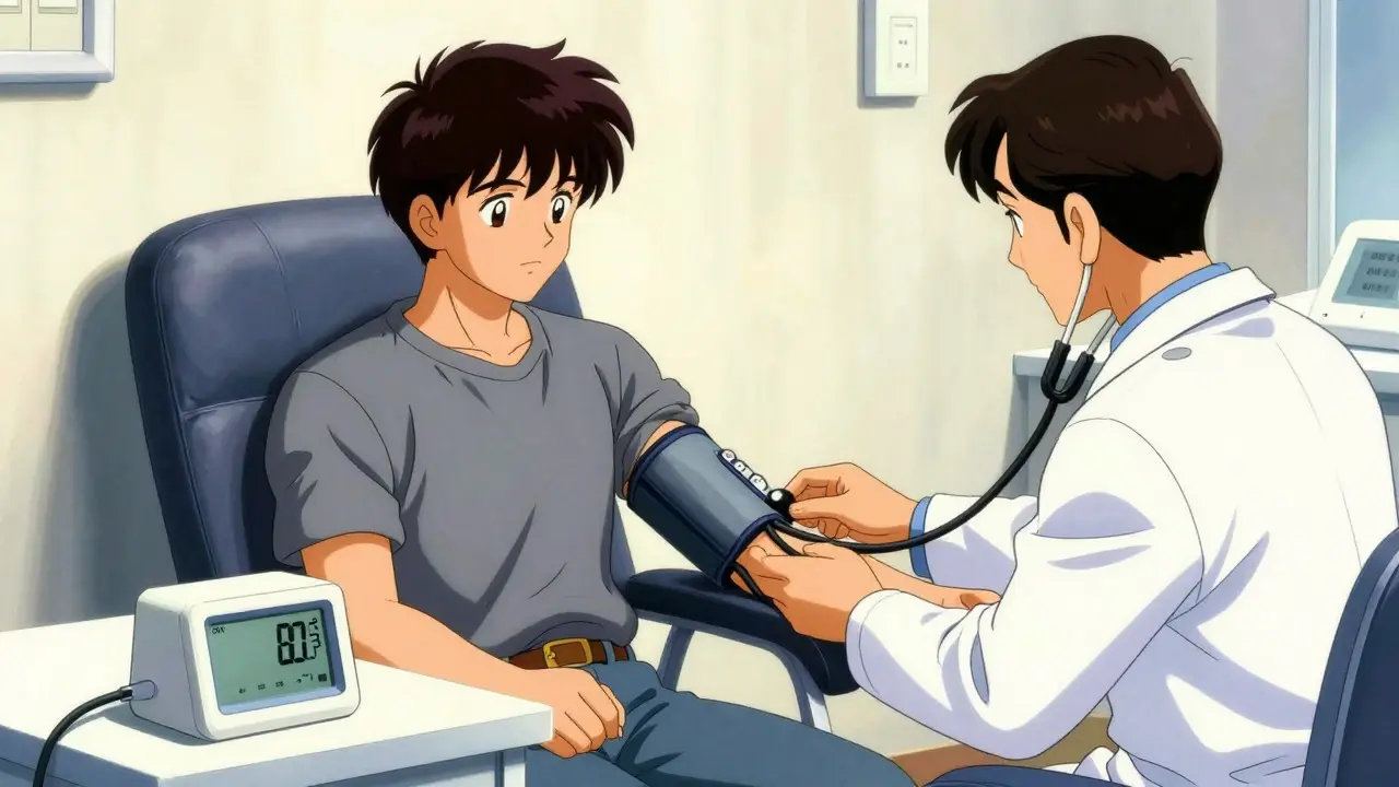 Anime illustration of a doctor monitoring a patient's blood pressure post-treatment