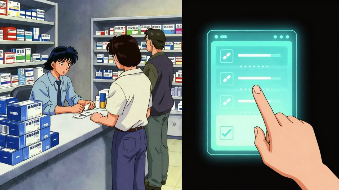Anime split screen comparing physical pharmacy chaos with digital ease