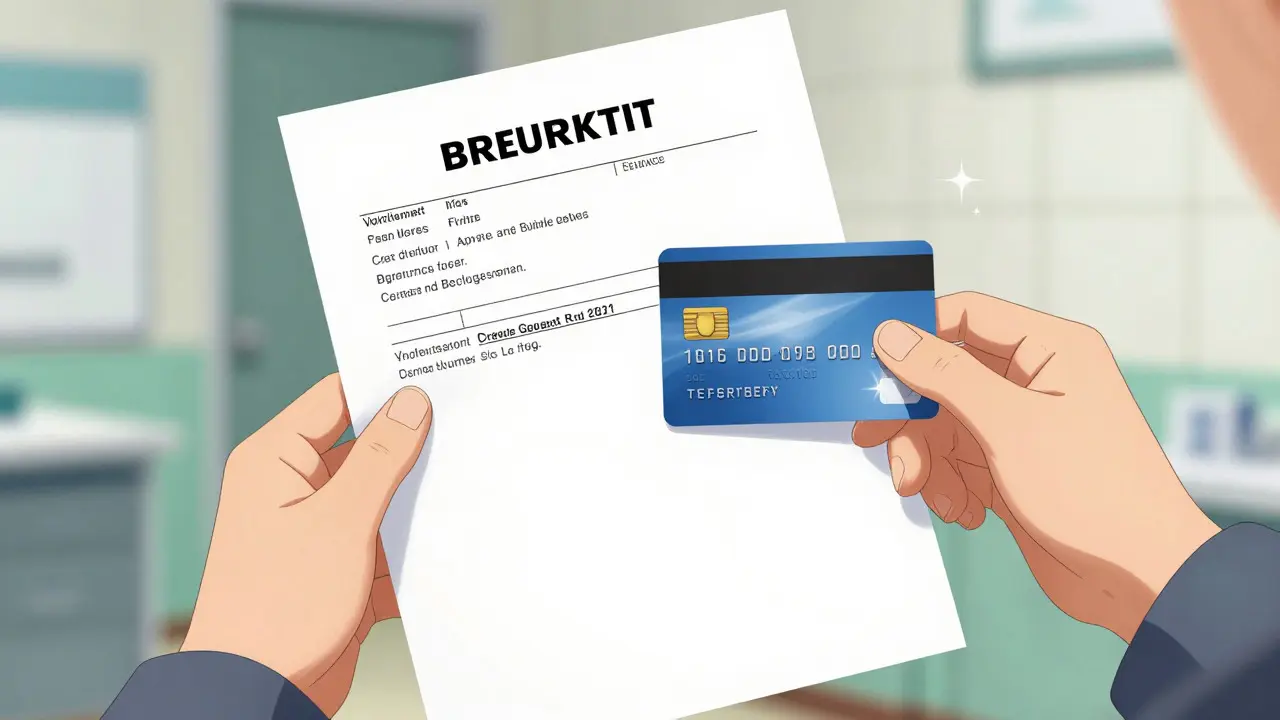Close up of hands holding a prescription and credit card in an anime style