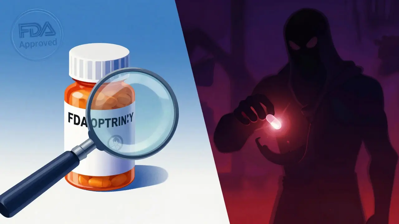 Comparison of safe vs unsafe online pharmacies with magnifying glass