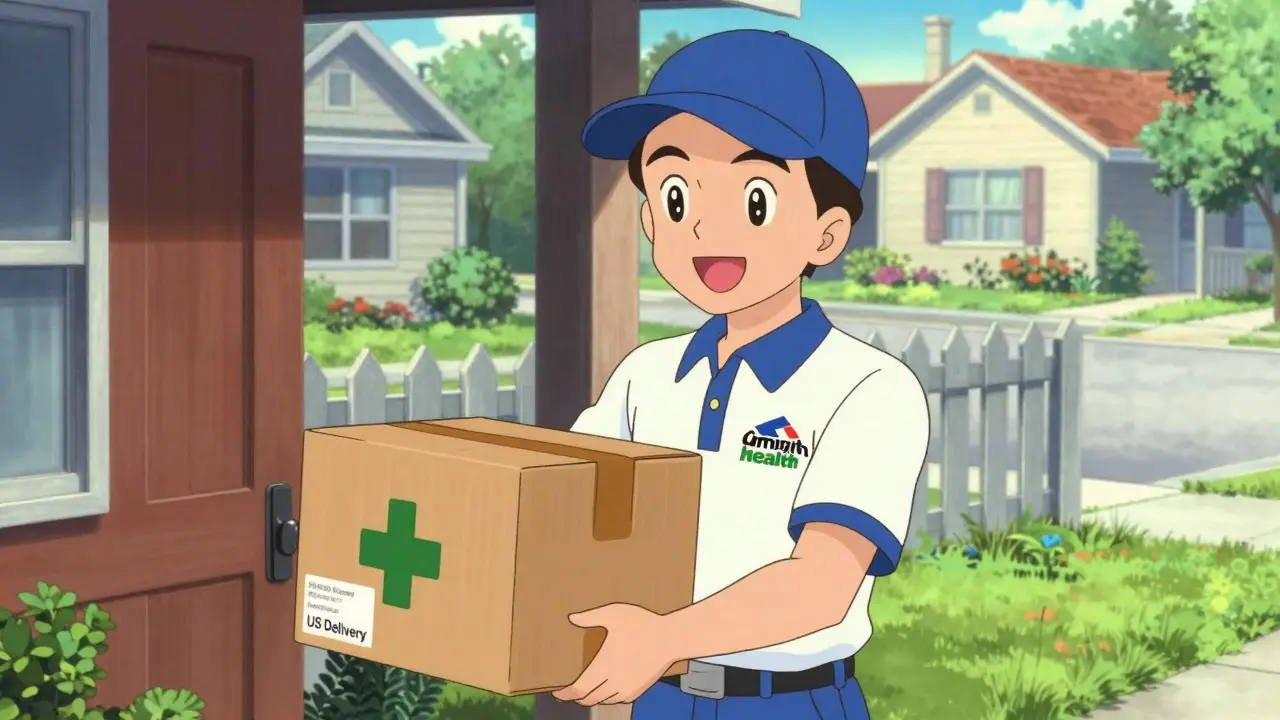 Courier delivering a medicine package to a suburban home