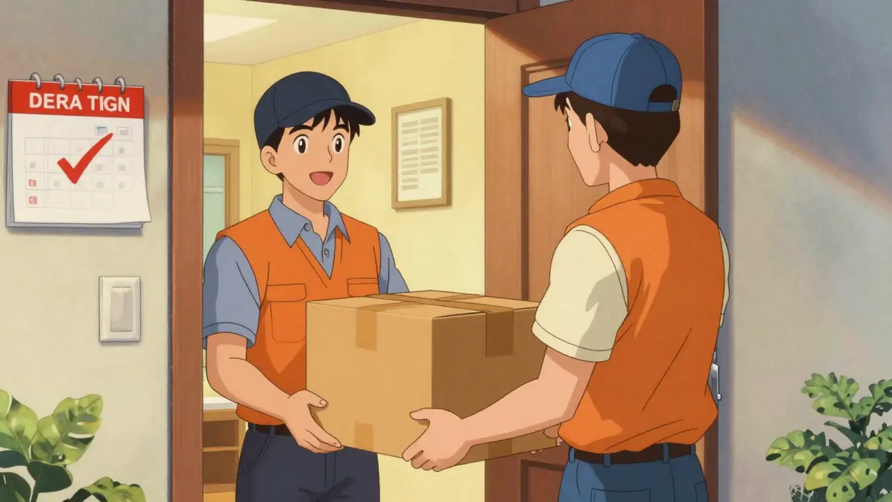 Delivery person handing a package to a patient at their doorstep in anime style