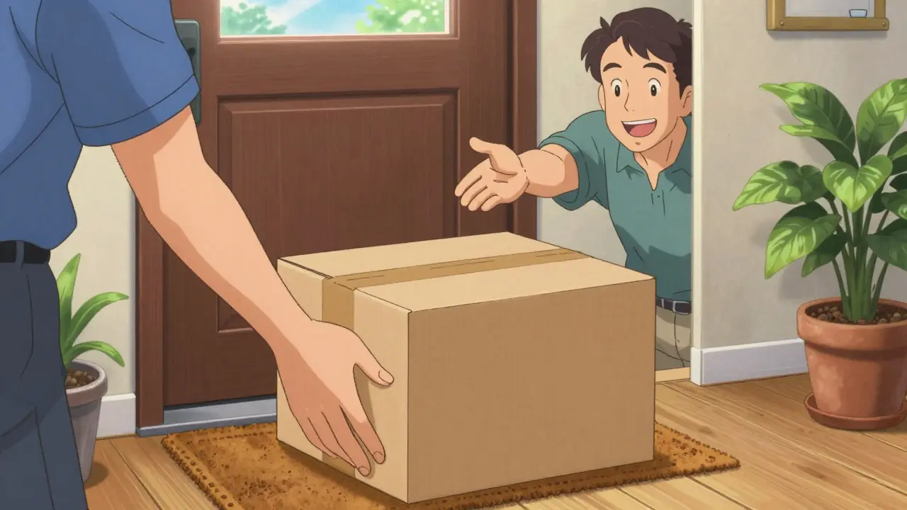 Discreet package delivered to a doorstep in retro anime style