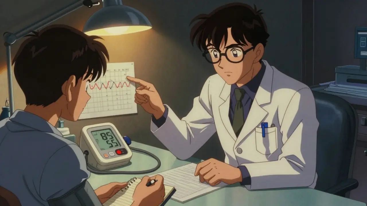Doctor pointing at low BP reading on monitor in retro anime style