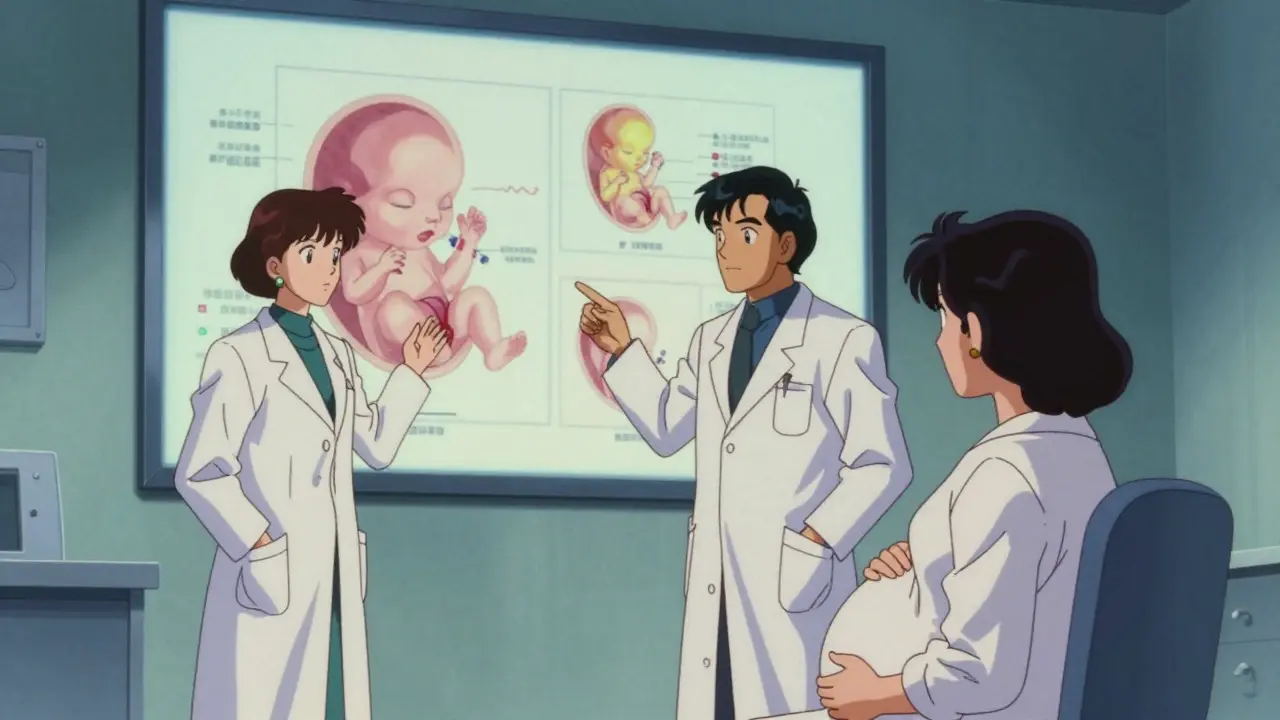 Doctors explaining fetal risk diagrams to a pregnant patient in anime style