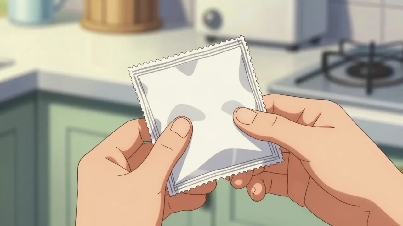 Hand holding a white package on a kitchen counter in retro anime