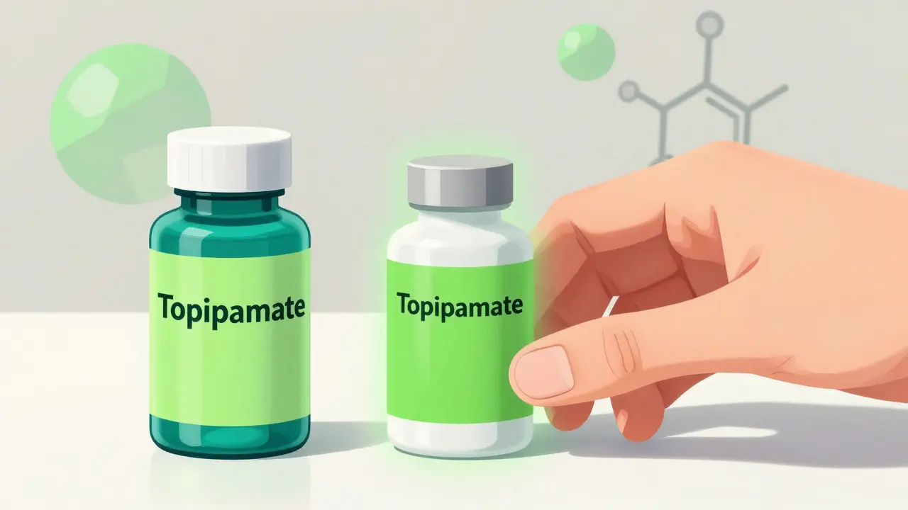 Hand selecting generic medicine bottle glowing green next to brand name