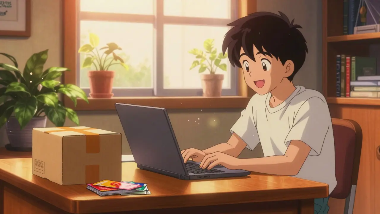 Happy person saving money on meds online in anime style