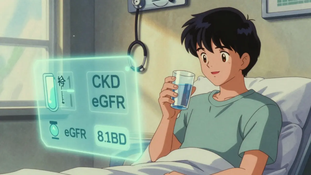 Patient drinking water with stable health metrics in retro style