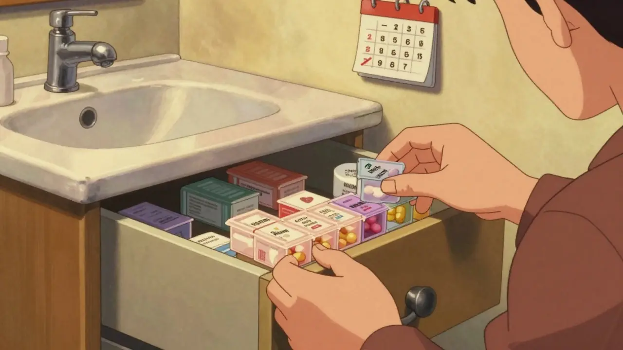 Person storing pillbox in drawer away from bathroom sink