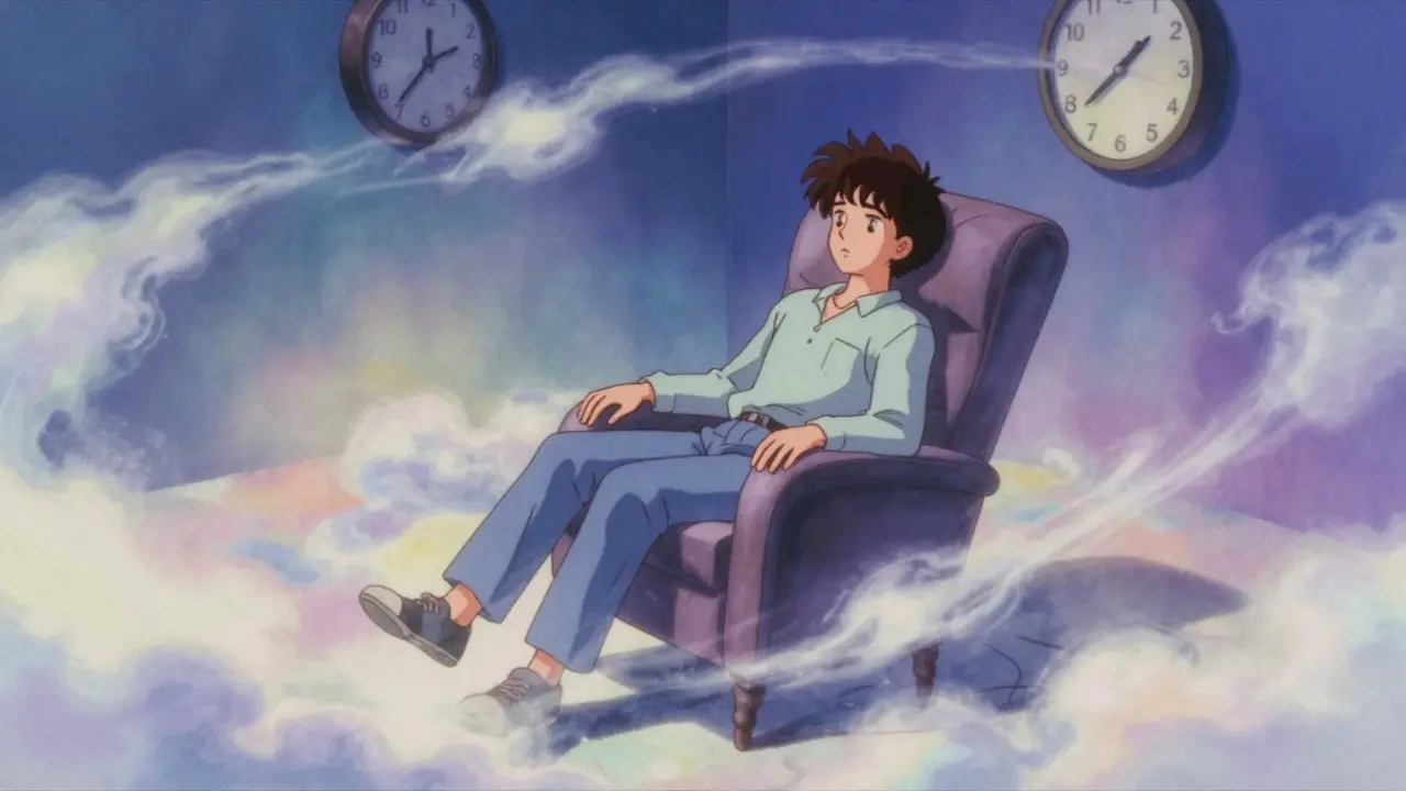 Retro anime depiction of a patient experiencing dissociative floating effects