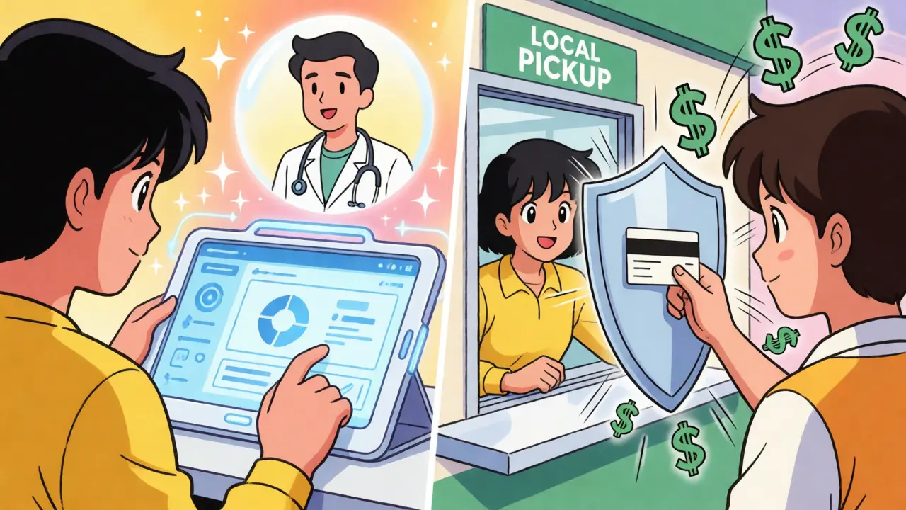 Split screen of telehealth and discount card usage