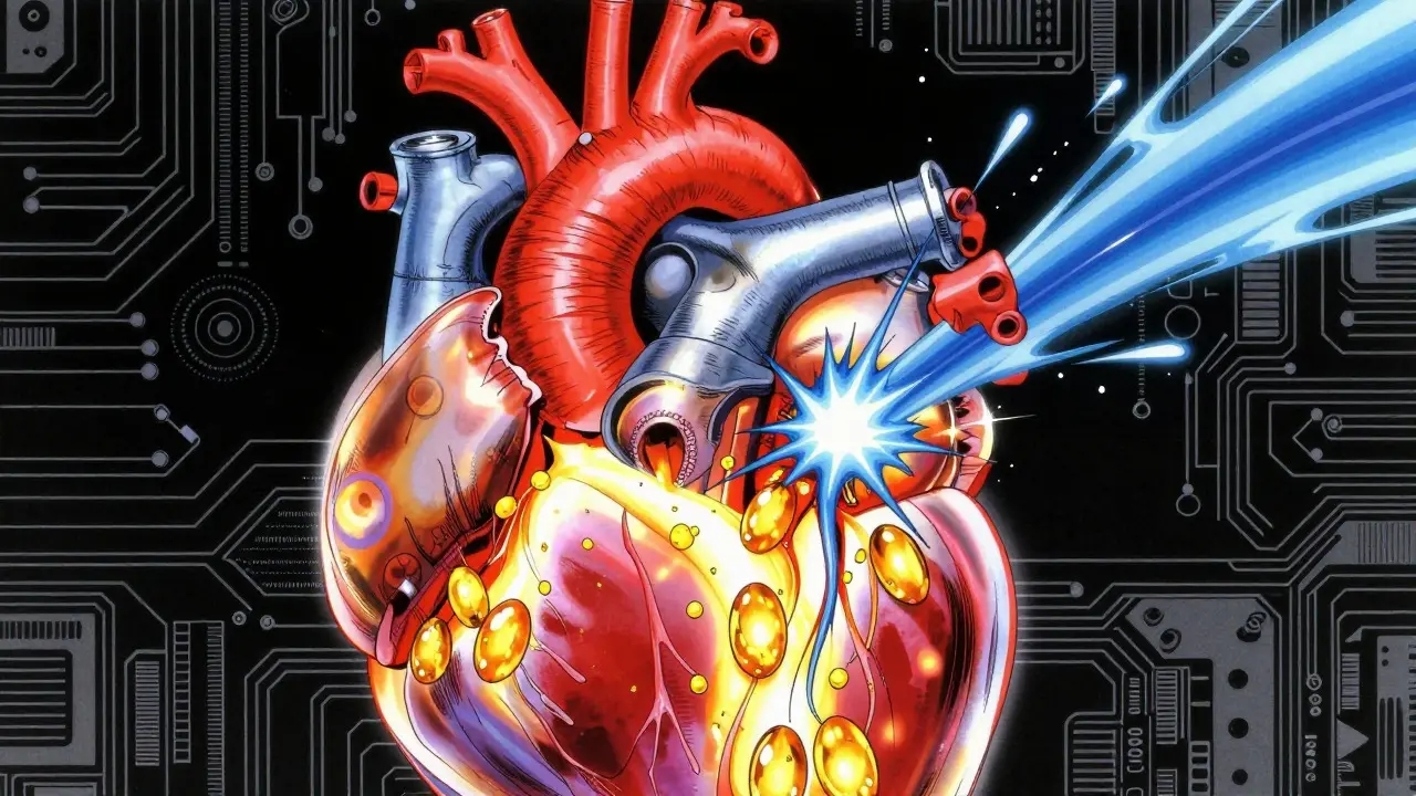 Stylized heart engine with clashing energy streams in retro anime art