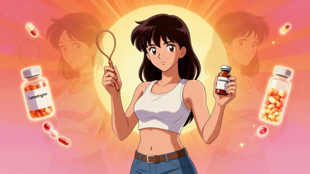 Woman holding IUD and supplements with fading old meds in retro anime
